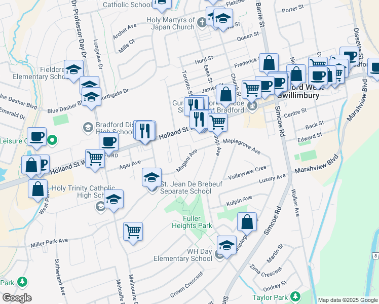 map of restaurants, bars, coffee shops, grocery stores, and more near 24 Magani Avenue in Bradford West Gwillimbury
