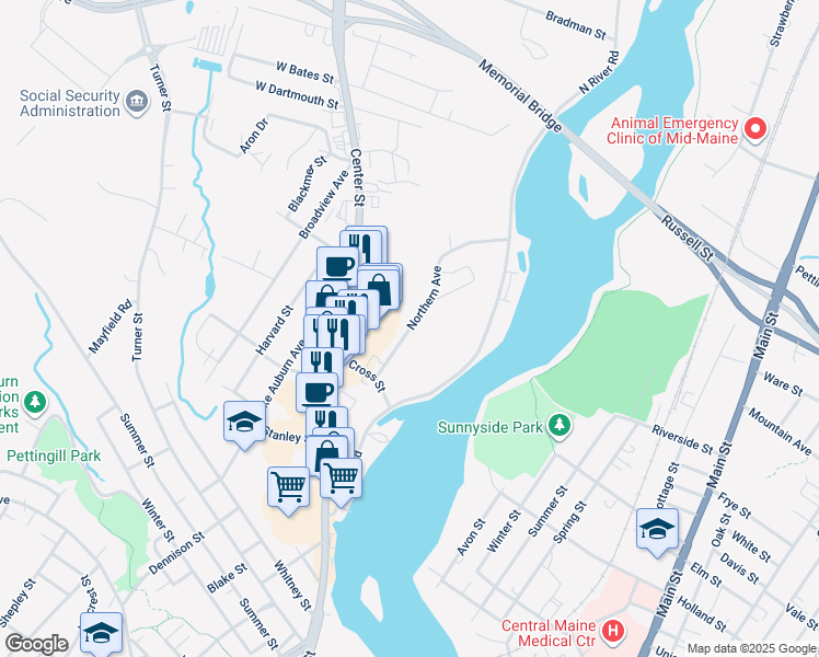 map of restaurants, bars, coffee shops, grocery stores, and more near 7 Northern Avenue in Auburn