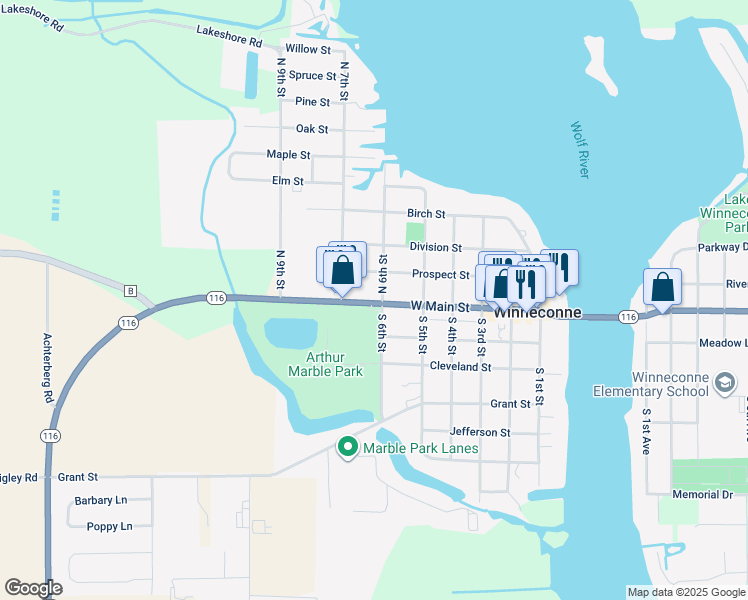 map of restaurants, bars, coffee shops, grocery stores, and more near 546 Adams Street in Winneconne