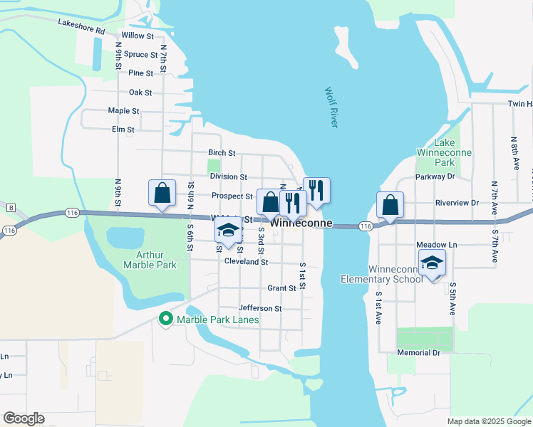map of restaurants, bars, coffee shops, grocery stores, and more near 240 West Main Street in Winneconne