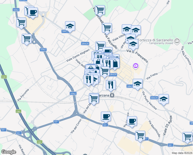 map of restaurants, bars, coffee shops, grocery stores, and more near Via Picedi in Sarzana
