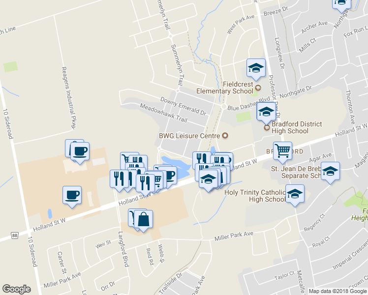 map of restaurants, bars, coffee shops, grocery stores, and more near 14 Eldridge Street in Bradford West Gwillimbury