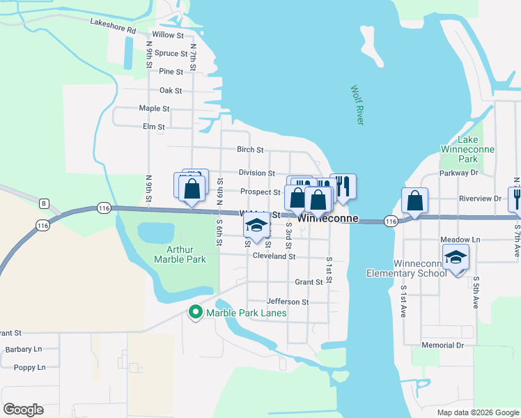 map of restaurants, bars, coffee shops, grocery stores, and more near 19 South 4th Street in Winneconne