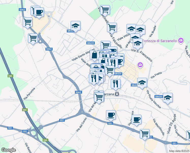 map of restaurants, bars, coffee shops, grocery stores, and more near 37 Via Brigata Partigiana Ugo Muccini in Sarzana