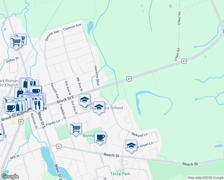 map of restaurants, bars, coffee shops, grocery stores, and more near 13 Hildred Cushing Way in Uxbridge
