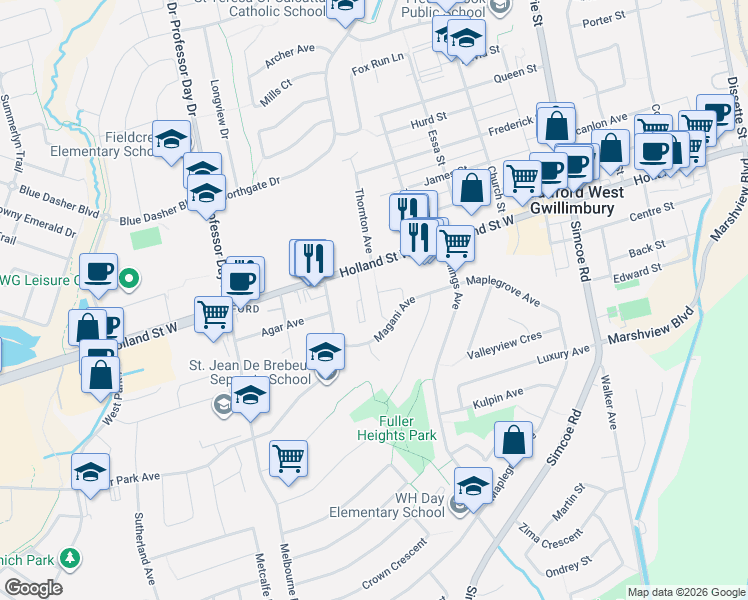 map of restaurants, bars, coffee shops, grocery stores, and more near 23 Harmony Circle in Bradford West Gwillimbury
