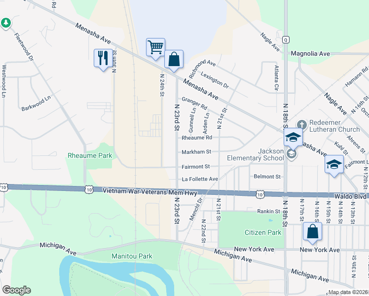map of restaurants, bars, coffee shops, grocery stores, and more near 2238 Fairmont Street in Manitowoc