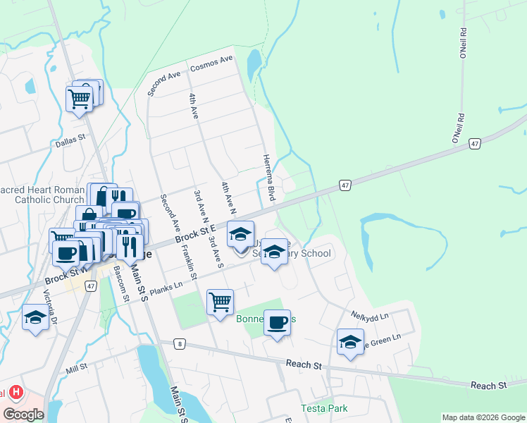 map of restaurants, bars, coffee shops, grocery stores, and more near 200 Brock Street East in Uxbridge