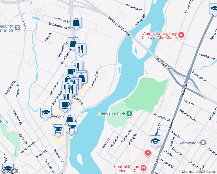 map of restaurants, bars, coffee shops, grocery stores, and more near 222 North River Road in Auburn