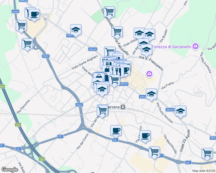 map of restaurants, bars, coffee shops, grocery stores, and more near 24 Piazza San Giorgio in Sarzana