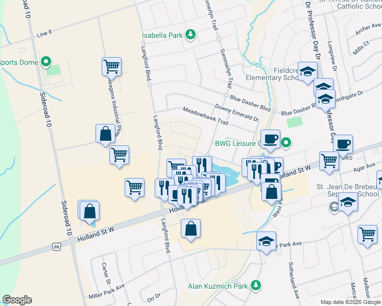 map of restaurants, bars, coffee shops, grocery stores, and more near 2 Paisley Drive in Bradford West Gwillimbury