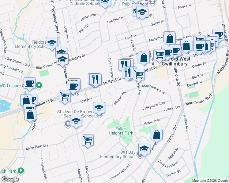 map of restaurants, bars, coffee shops, grocery stores, and more near 23 Harmony Circle in Bradford West Gwillimbury