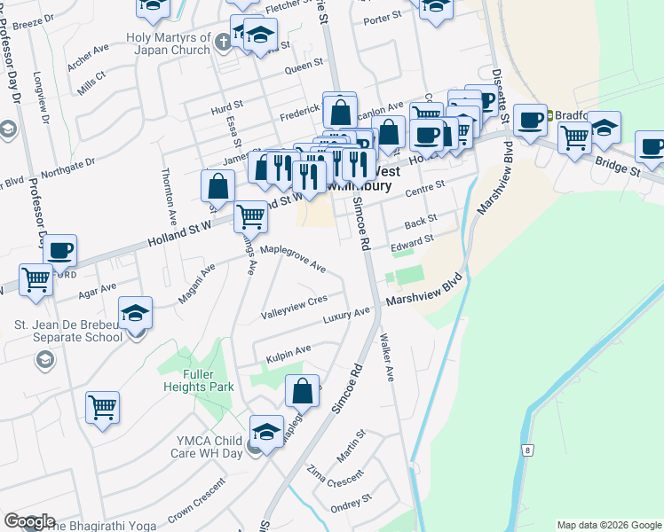 map of restaurants, bars, coffee shops, grocery stores, and more near in Bradford West Gwillimbury