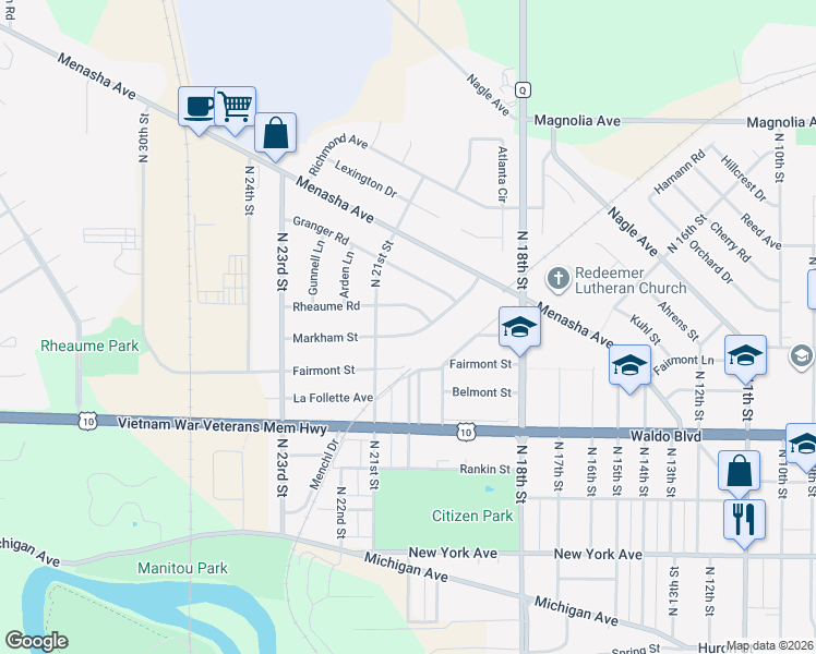map of restaurants, bars, coffee shops, grocery stores, and more near 2014 Rheaume Road in Manitowoc