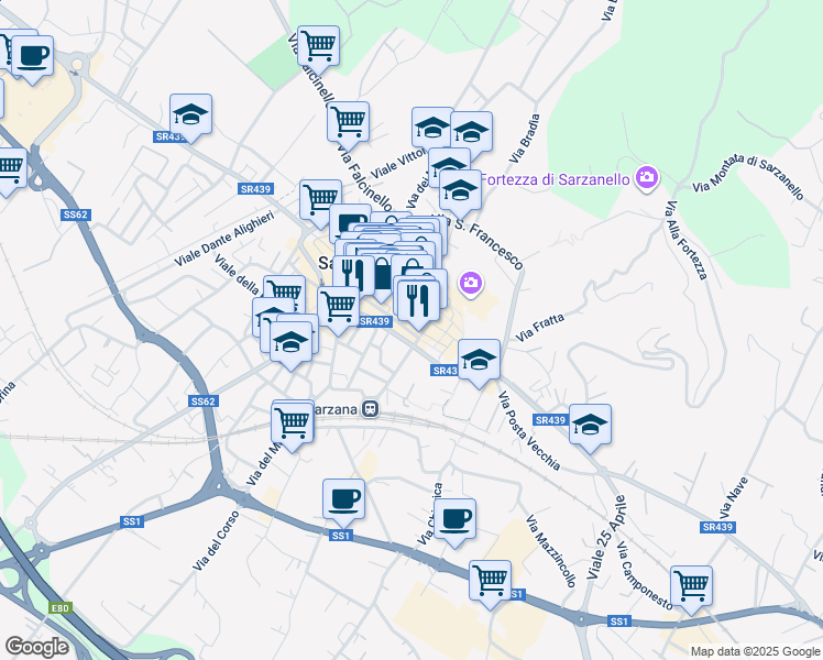map of restaurants, bars, coffee shops, grocery stores, and more near 55 Via Giuseppe Mazzini in Sarzana