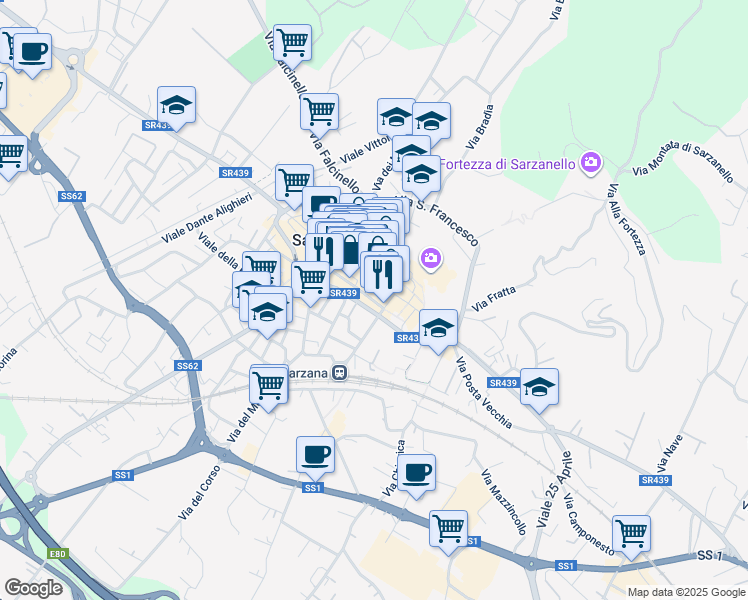 map of restaurants, bars, coffee shops, grocery stores, and more near 55 Via Giuseppe Mazzini in Sarzana