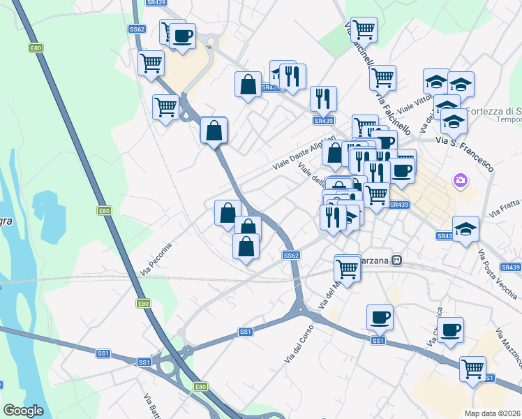 map of restaurants, bars, coffee shops, grocery stores, and more near 6 Piazza Caduti di Via Fani in Sarzana