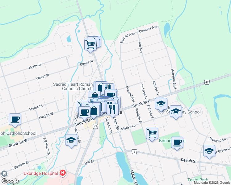 map of restaurants, bars, coffee shops, grocery stores, and more near 50 First Avenue in Uxbridge