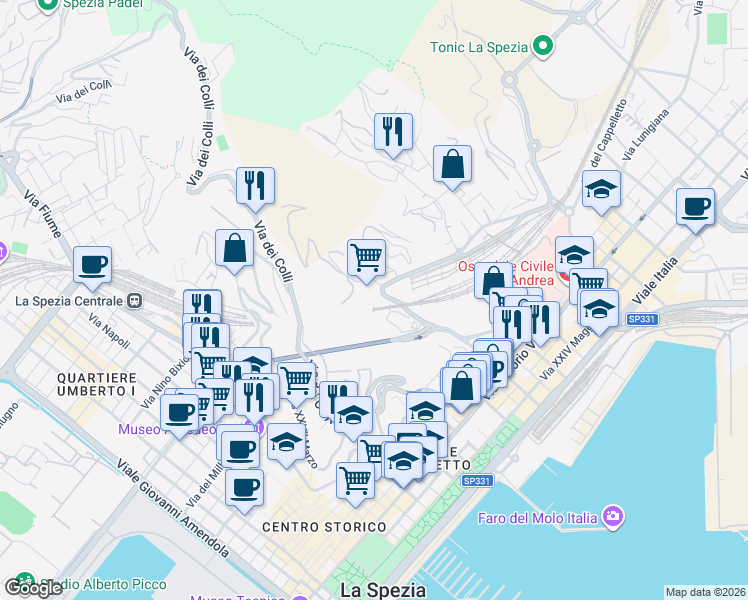 map of restaurants, bars, coffee shops, grocery stores, and more near 13 Via Valdellora in La Spezia