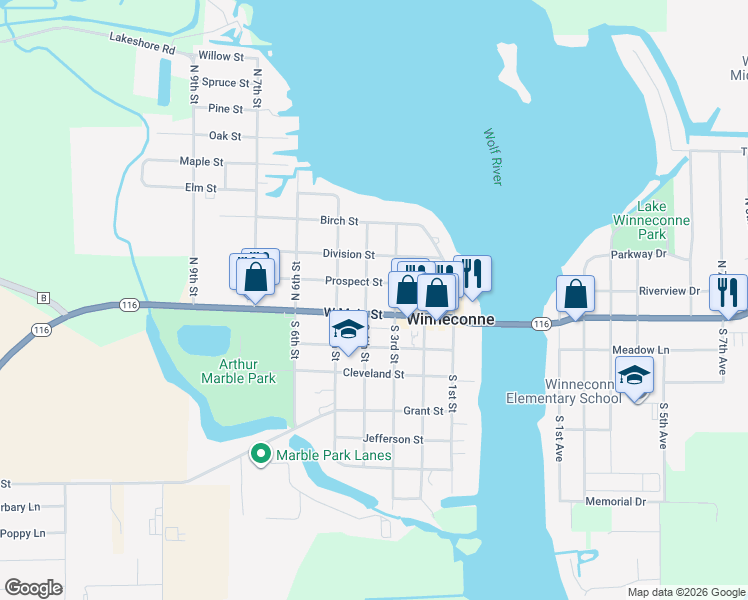 map of restaurants, bars, coffee shops, grocery stores, and more near 336 Prospect Street in Winneconne