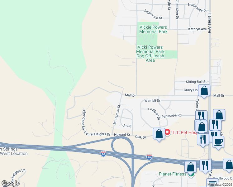 map of restaurants, bars, coffee shops, grocery stores, and more near 930 Cabot Hill Road in Rapid City