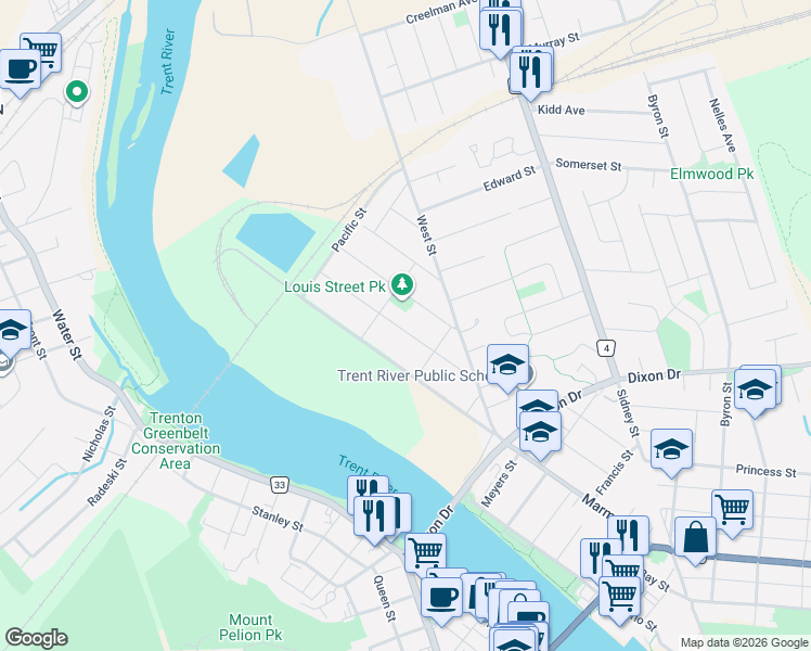 map of restaurants, bars, coffee shops, grocery stores, and more near 67 Leopold Street in Quinte West