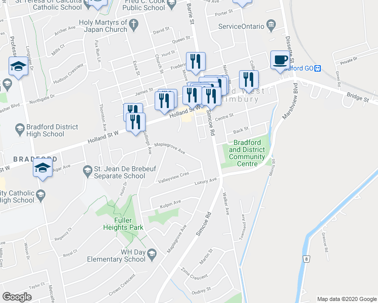 map of restaurants, bars, coffee shops, grocery stores, and more near 69 Maplegrove Avenue in Bradford West Gwillimbury