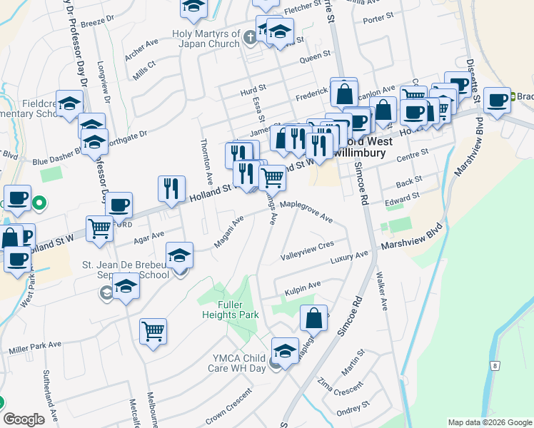 map of restaurants, bars, coffee shops, grocery stores, and more near 3 Magani Avenue in Bradford West Gwillimbury