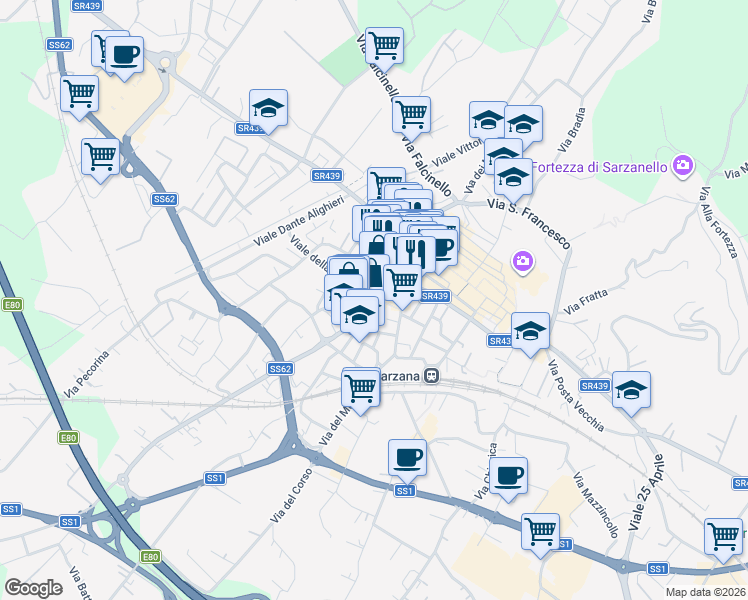 map of restaurants, bars, coffee shops, grocery stores, and more near 24 Piazza San Giorgio in Sarzana
