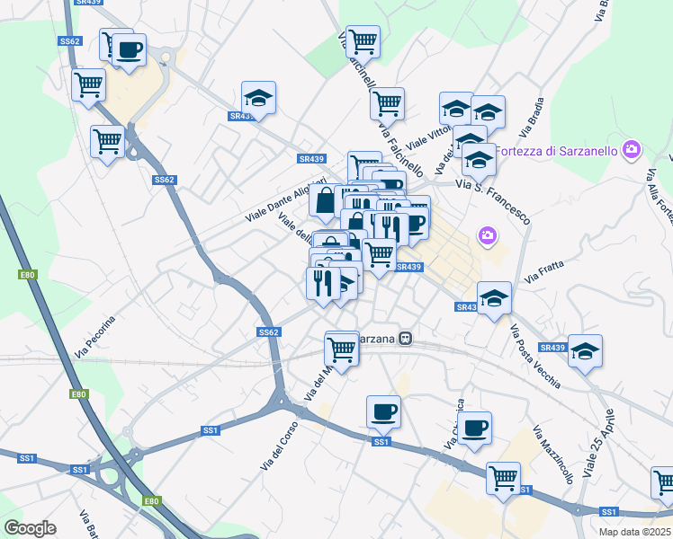 map of restaurants, bars, coffee shops, grocery stores, and more near Via Pace in Sarzana