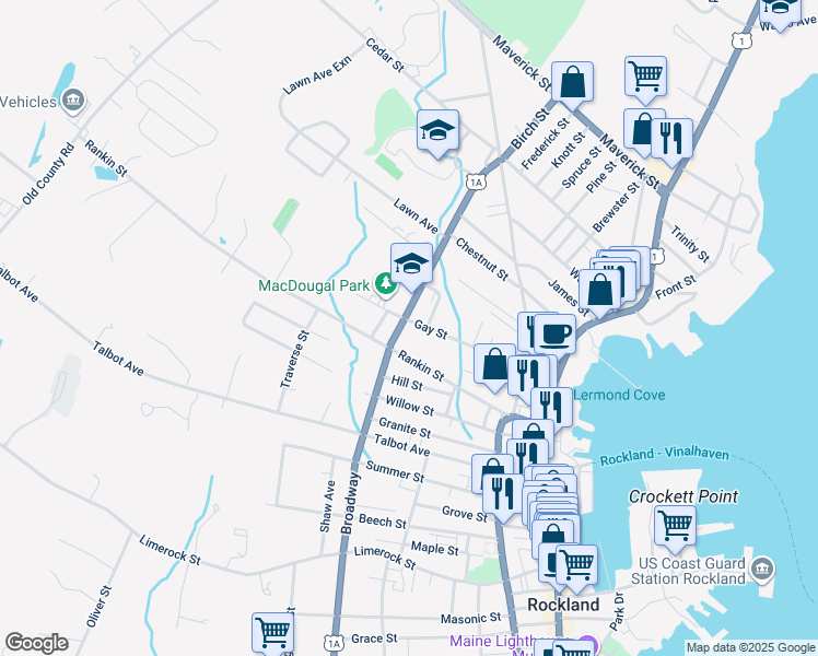 map of restaurants, bars, coffee shops, grocery stores, and more near 330 Broadway in Rockland