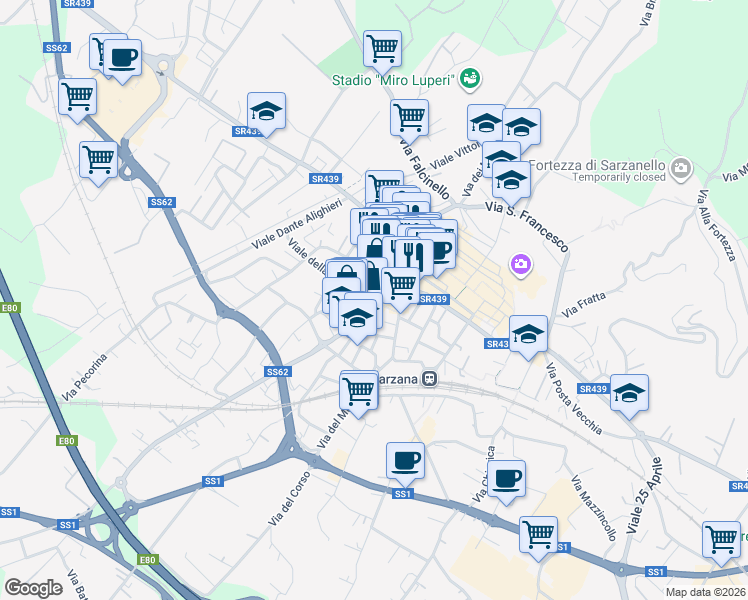 map of restaurants, bars, coffee shops, grocery stores, and more near 32 Via Pietro Gori in Sarzana