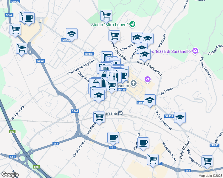 map of restaurants, bars, coffee shops, grocery stores, and more near 32 Via Pietro Gori in Sarzana