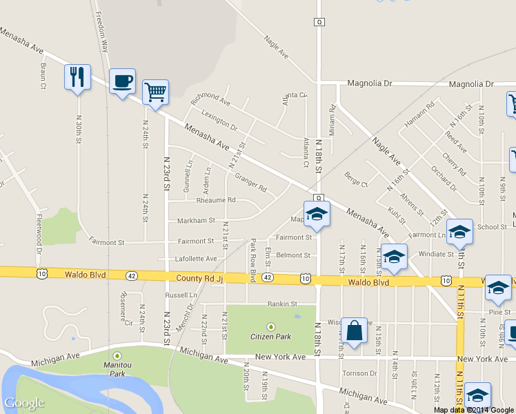 map of restaurants, bars, coffee shops, grocery stores, and more near 2014 Rheaume Rd in Manitowoc