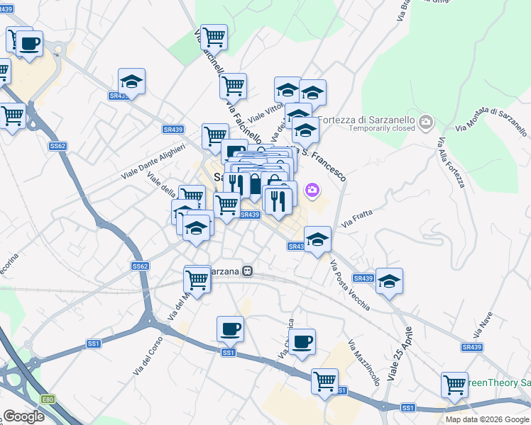 map of restaurants, bars, coffee shops, grocery stores, and more near 55 Via Giuseppe Mazzini in Sarzana