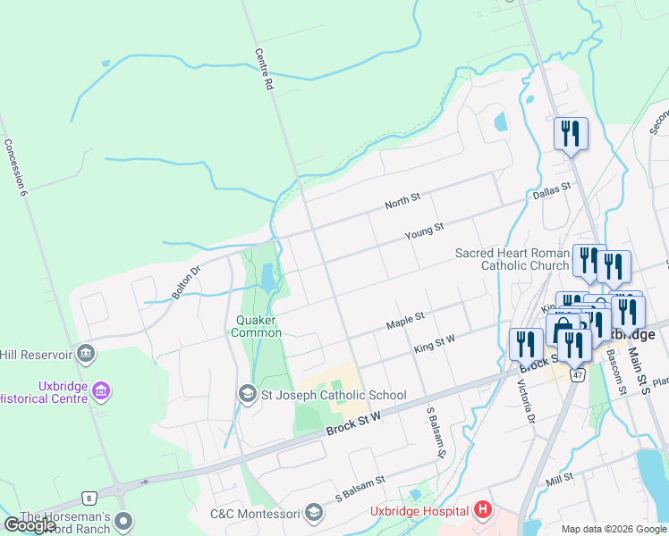 map of restaurants, bars, coffee shops, grocery stores, and more near 5 Young Street in Uxbridge