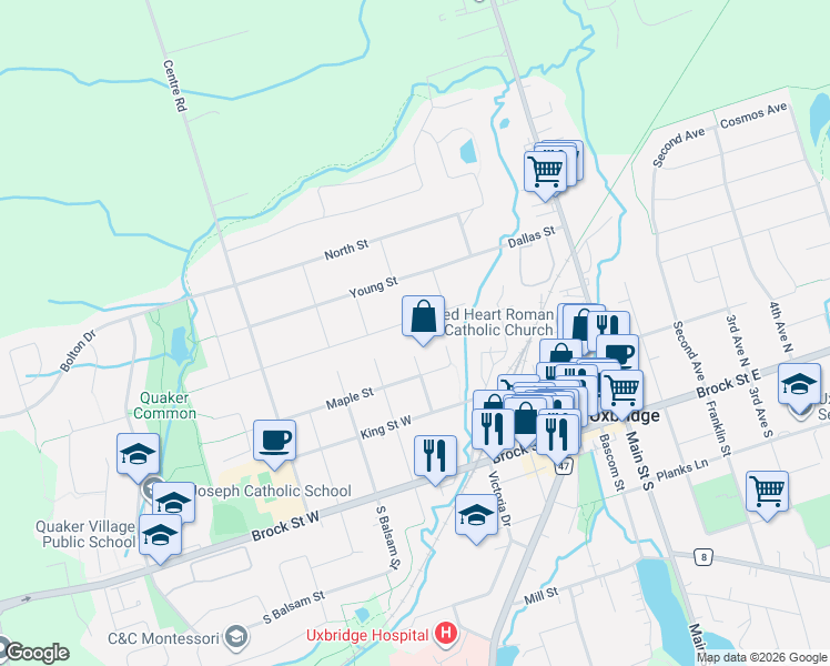 map of restaurants, bars, coffee shops, grocery stores, and more near 35 Jonathan Street in Uxbridge