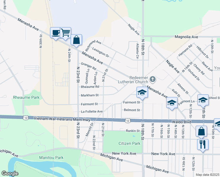 map of restaurants, bars, coffee shops, grocery stores, and more near 2019 Rheaume Road in Manitowoc