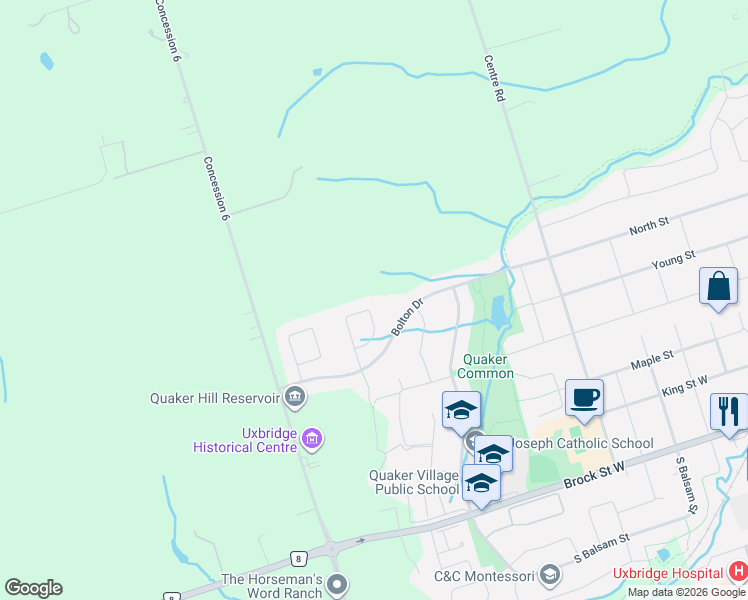 map of restaurants, bars, coffee shops, grocery stores, and more near 34 Galloway Crescent in Uxbridge