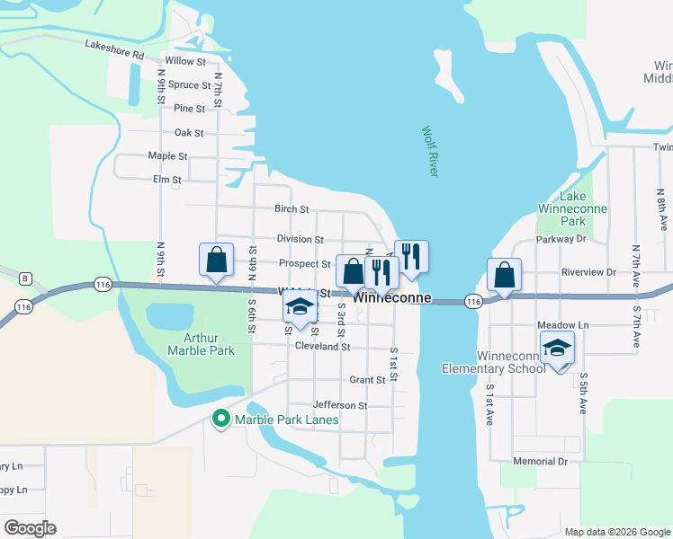 map of restaurants, bars, coffee shops, grocery stores, and more near 336 Prospect Street in Winneconne