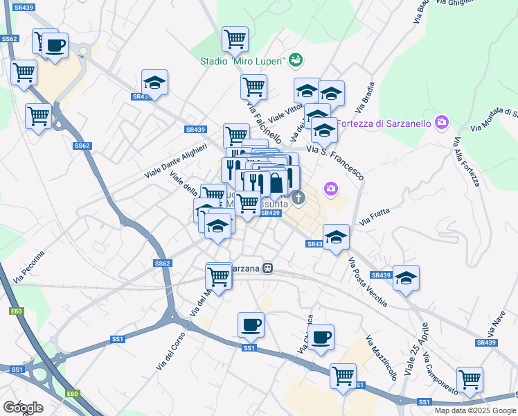 map of restaurants, bars, coffee shops, grocery stores, and more near 19-21 Via Mazzini in Sarzana