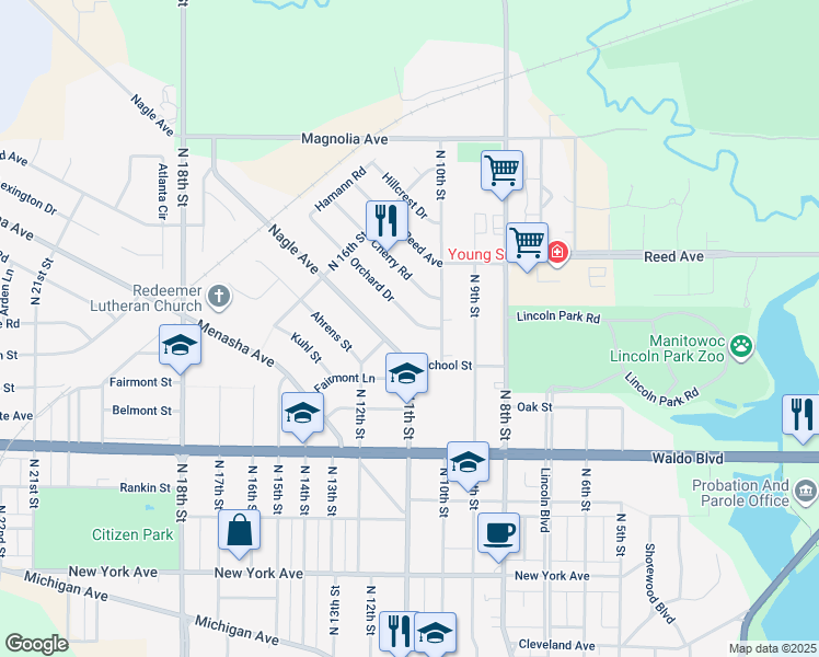 map of restaurants, bars, coffee shops, grocery stores, and more near 1106 Orchard Drive in Manitowoc