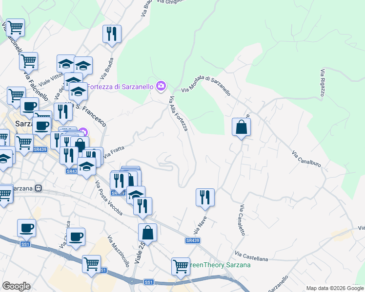 map of restaurants, bars, coffee shops, grocery stores, and more near 30 Via Alla Fortezza in Sarzana