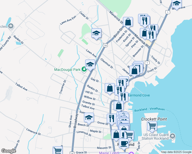map of restaurants, bars, coffee shops, grocery stores, and more near 15 Court Street in Rockland