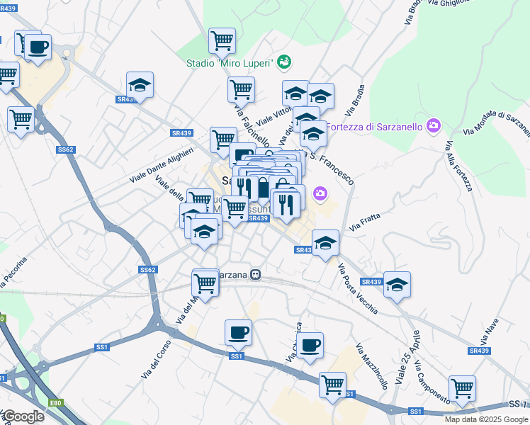map of restaurants, bars, coffee shops, grocery stores, and more near 55 Via Giuseppe Mazzini in Sarzana