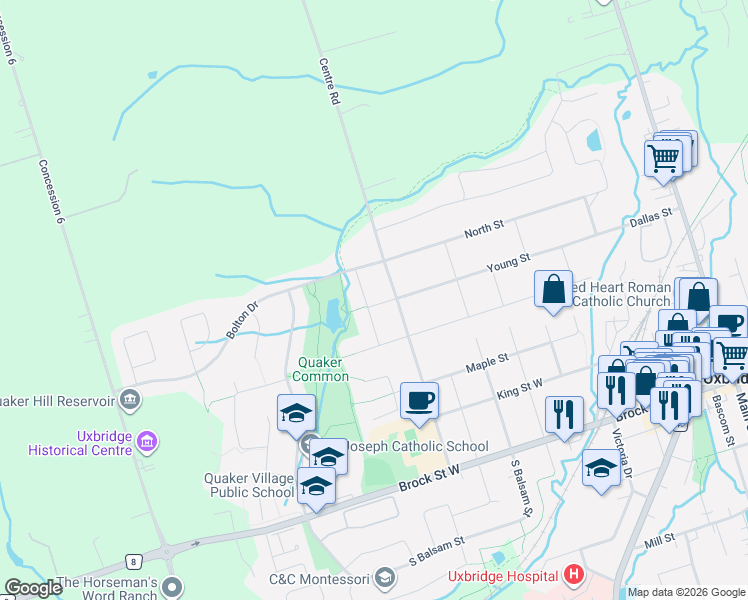map of restaurants, bars, coffee shops, grocery stores, and more near 43 Carmody Lane in Uxbridge