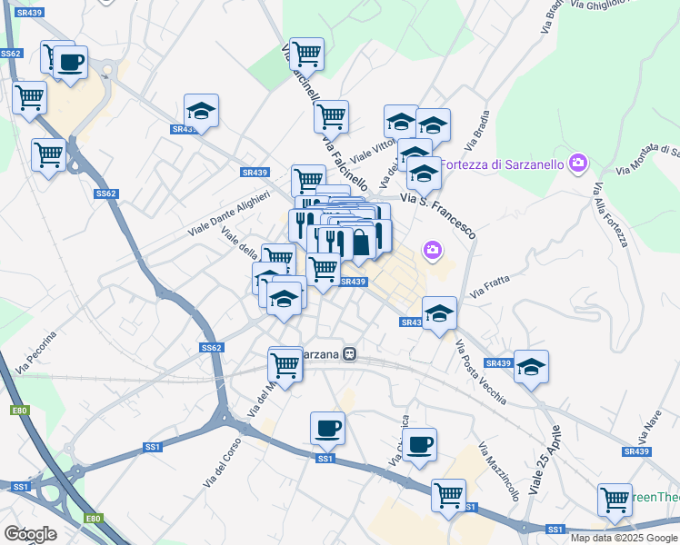 map of restaurants, bars, coffee shops, grocery stores, and more near 29 Via Sobborgo Emiliano in Sarzana