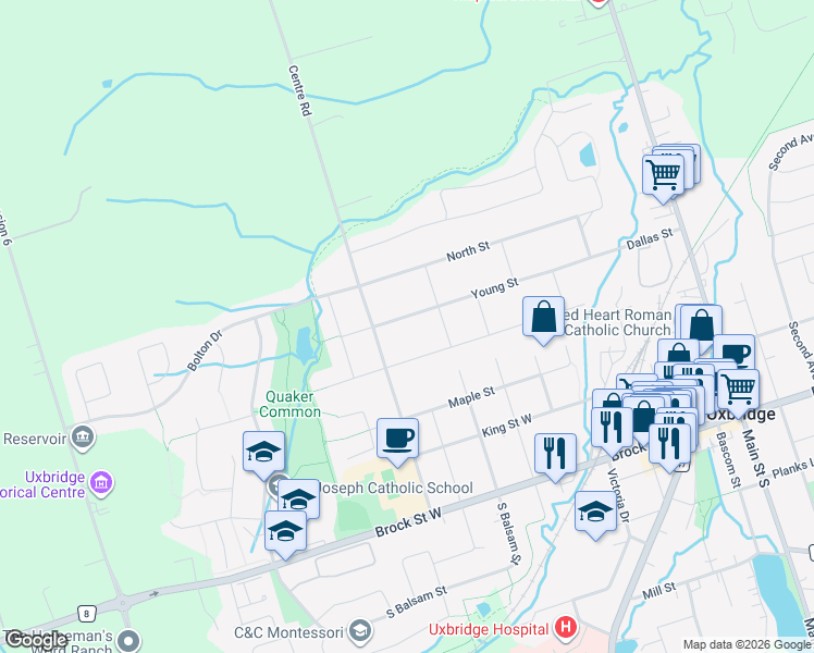 map of restaurants, bars, coffee shops, grocery stores, and more near 5 Young Street in Uxbridge
