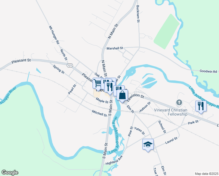 map of restaurants, bars, coffee shops, grocery stores, and more near 9 North Main Street in Mechanic Falls