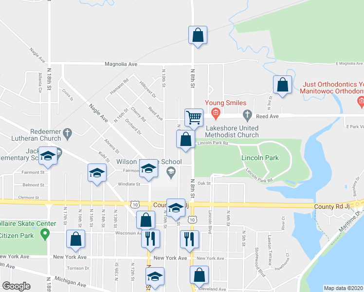 map of restaurants, bars, coffee shops, grocery stores, and more near 1305 North 9th Street in Manitowoc